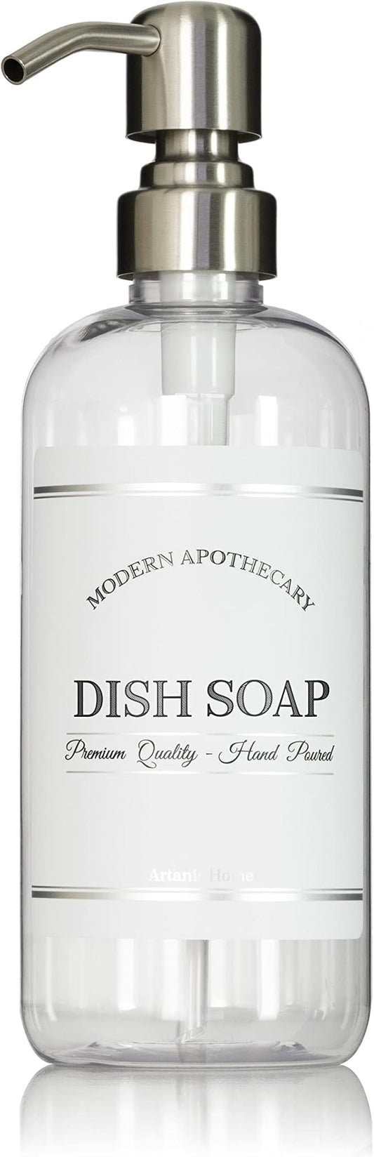 Refillable Clear PET Plastic 16 oz Dish Soap Bottle with Stainless Steel Pump Dispenser - Chrome Accent Waterproof Labeled Bottle