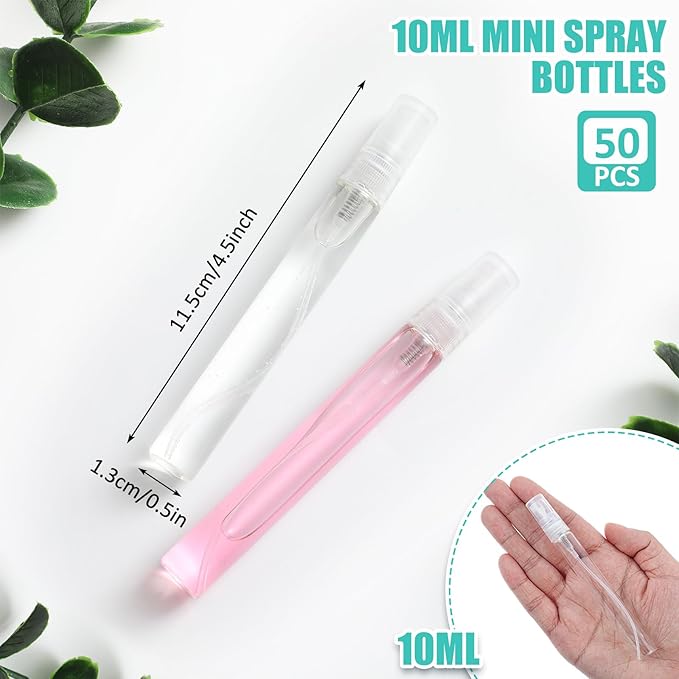 Zhehao 50 Pcs Mini Spray Bottles 10 ml Clear Glass Perfume Bottles Refillable Fine Mist Perfume Atomizer Portable Empty Sample Containers for Cleaning, Essential Oils, Travel (Clear Cap)
