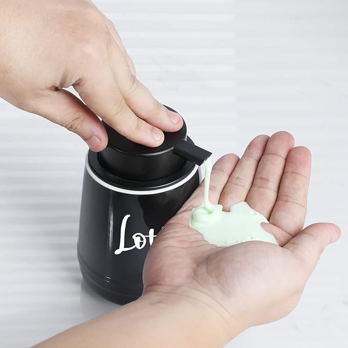 LEETOYI Bathroom Countertop Dispensers Modern Ceramic Soap Lotion Dispenser Bottles, Hand Soap Dispenser for Bathroom, Dish Soap Dispenser for Kitchen, Easy to Press Pump (Black, Labeled Lotion)