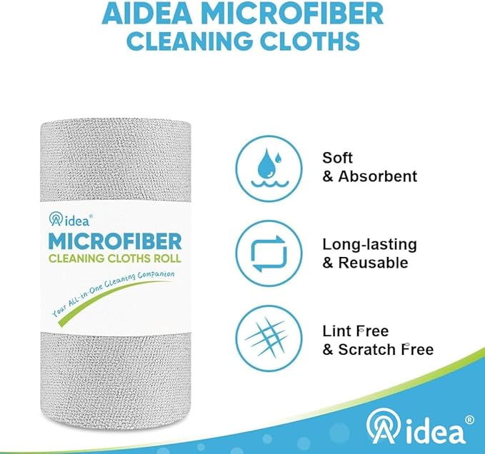 AIDEA Microfiber Cleaning Cloth Roll, 50PK, Paper Towels Reusable Grey Tear Away Towels, Washable Shop Rags, Microfiber Towels for Cars, Lint Free Rags for House, Kitchen, Window,11.5"×11.5"