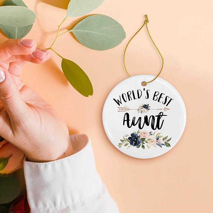 World's Best Aunt Ceramic Ornaments Gifts, Auntie Round Hanging Ornament Decor Decorations for Christmas Tree Car, Thank You Appreciation Gifts for Aunt Birthday Holiday