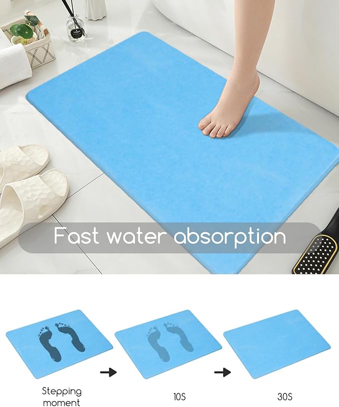 Stone Bath Mat 24"x16" - Diatomaceous Earth Shower Mat, Quick Dry, Anti-Slip, Modern Design with Bonus Non-Slip Pad - Perfect for Home Safety and Style, (Blue)