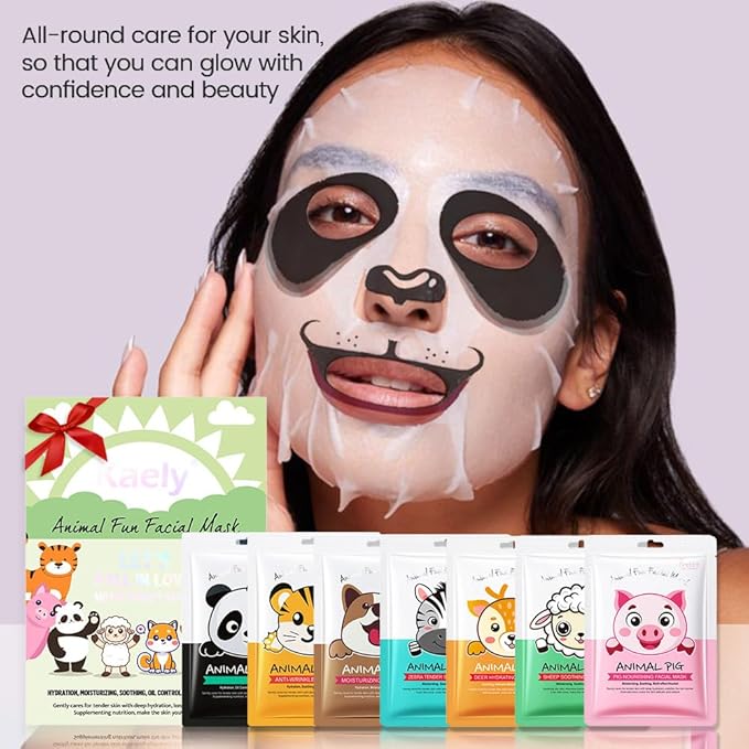 Kaely 7 Pack Kids Face Mask Spa, Animal Face Masks for Kids Teens Women Skincare, Animal Character Sheet Facial Mask for All Skin Types, Girls Night Party Skin Care Set, Birthday Christmas Gifts, 01B