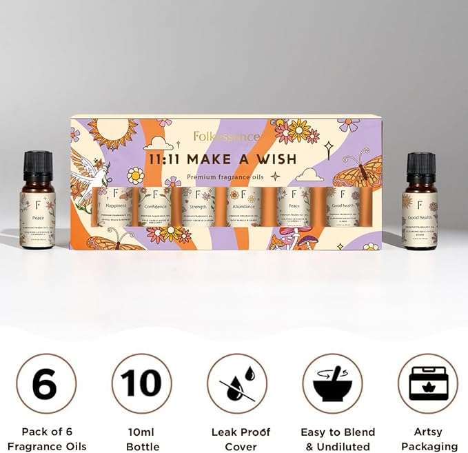 Folkulture Essential Oils for Home | Set of 6 (0.34 fl oz x 6) Sandalwood, Vanilla, Eucalyptus, Cedar Essential Oil, Sage & Chamomile Diffuser Oils for Relaxation for Women