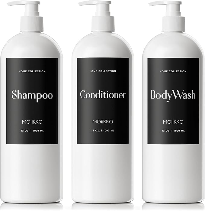 32oz Refillable Shampoo and Conditioner Dispenser Bottles - Set of 3 Empty Shampoo Conditioner Body Wash Dispenser with 8 Waterproof Labels
