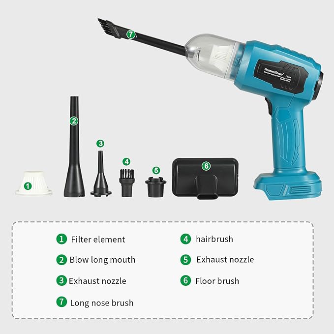 Heimerdinger Cordless 4-in-1 Handheld Vacuum & Blower for Makita 18V Battery, 21000Pa Powerful Suction Wireless Portable Dust Buster for Car Cleaning, Home Use and Pet Hair
