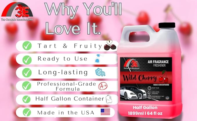 3E Wild Cherry Air Freshener, Deodorizer, and Odor Eliminator, Ready-to-use Fragrance, All Natural (Great for Cars, RV's, Trucks,Home, Office, & More) (64 fl oz) HALF GALLON, Made in the USA