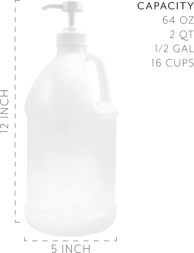 Cornucopia Brands Half Gallon Plastic Jug w/Pump; 64-Ounce/2 Quart Bottle w/Lotion & Liquid Pump Top for DIY Hot Sauce, Liquid Soap, Etc, Storage Lid Included