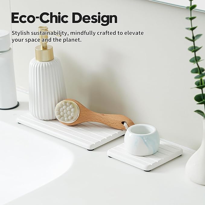 3 Pack Diatomite Stone Sink Tray, Water Absorbing Mat for Kitchen & Bathroom Counter, Quick Dry Soap Dish Makeup Vanity Caddy,Sponge Holder Organizer, White - 2pcs of 8"x 3.8" and 1pc of 3.8"x 3.8"