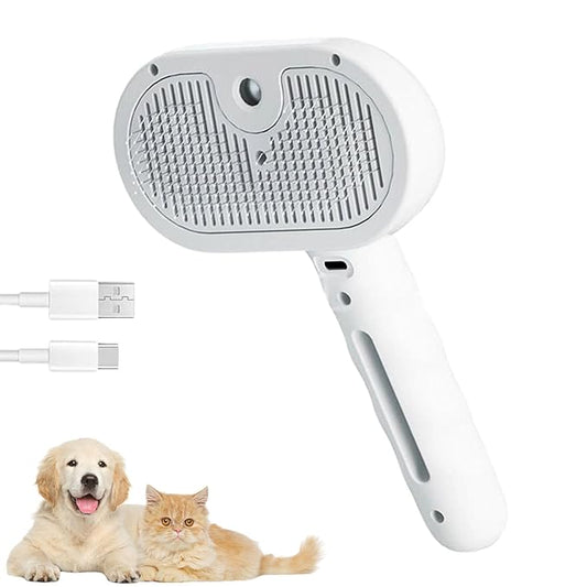 3-in-1 Anti-Static Pet Steam Brush for Dogs & Cats - Steam Clean, Calming Massage & Self-Cleaning Hair Ejection, Quick Heat-Up, USB-C Rechargeable, Low-Noise Deshedding & Dematting - White