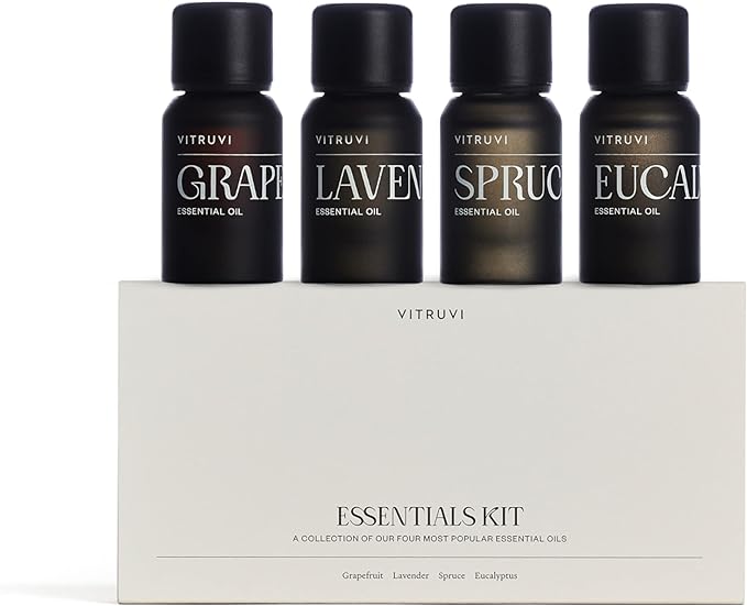 Vitruvi Essentials Kit, Essential Oil Starter Kit, 100% Pure Lavender, Eucalyptus, Grapefruit, Spruce, Essential Oil Set | Essential Oils for Diffusers Aromatherapy 4X 10ml (0.3 fl.oz), 4 Count