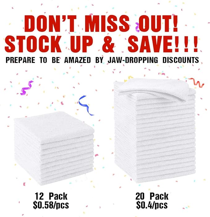 HOMEXCEL Microfiber Cleaning Cloths 20 Pack, Highly Absorbent, Lint & Scratch-Free Cleaning Rags for House Kitchen, White Microfiber Towels for Car 11.5 x 11.5 inch