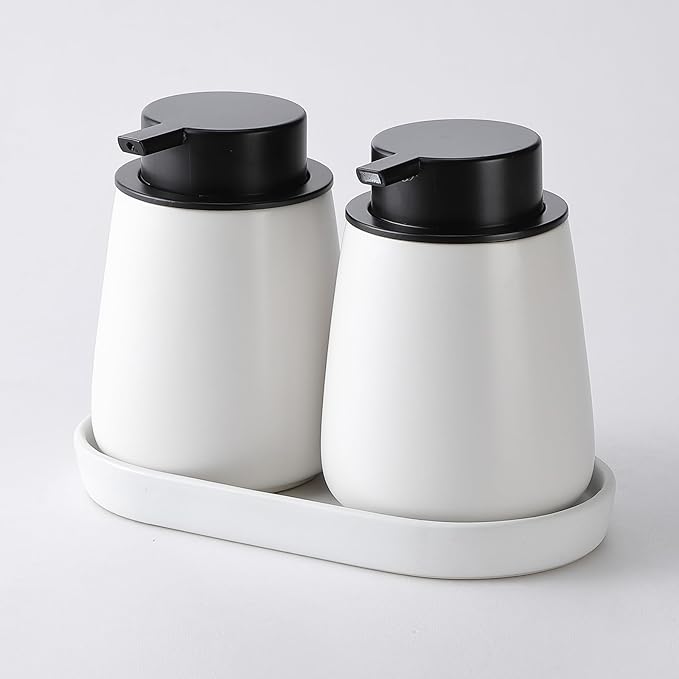 12Oz White Foam Soap Dispenser - Ceramic Foaming Hand Soap Dispenser Set with Easy-to-Press Pump, Refillable Liquid Dish Soap Dispensers for Bathroom and Kitchen, 2 Pack