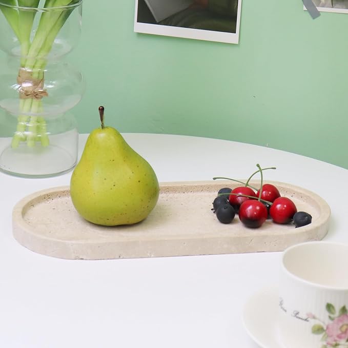 Natural Marble Tray, Oval Vanity Decorative Tray for Bathroom Counter, Countertop Stone Organizer, Catchall Tray for Kitchen, Perfume, Candles, Jewelry Dish Decorative Tray
