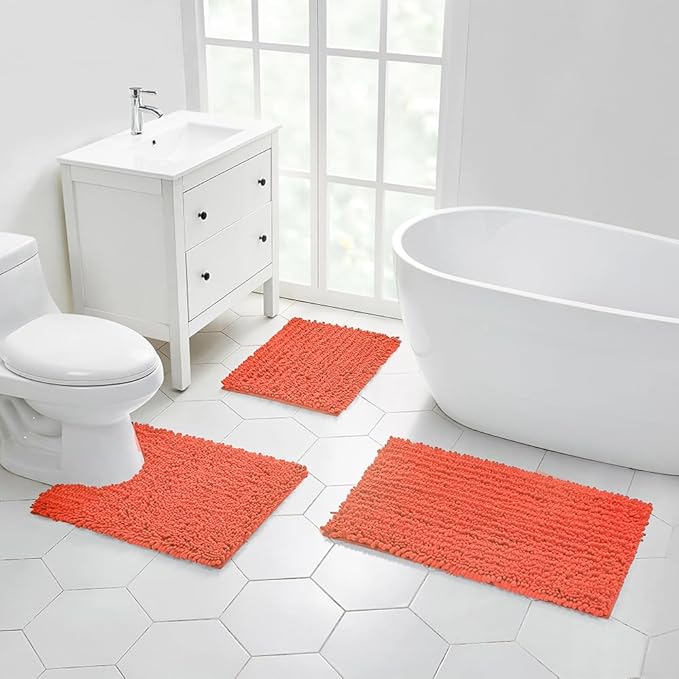 Walensee Bathroom Rug Non Slip Bath Mat (24x17 Inch Coral) Water Absorbent Super Soft Shaggy Chenille Machine Washable Dry Extra Thick Perfect Absorbant Best Small Plush Carpet for Shower Floor