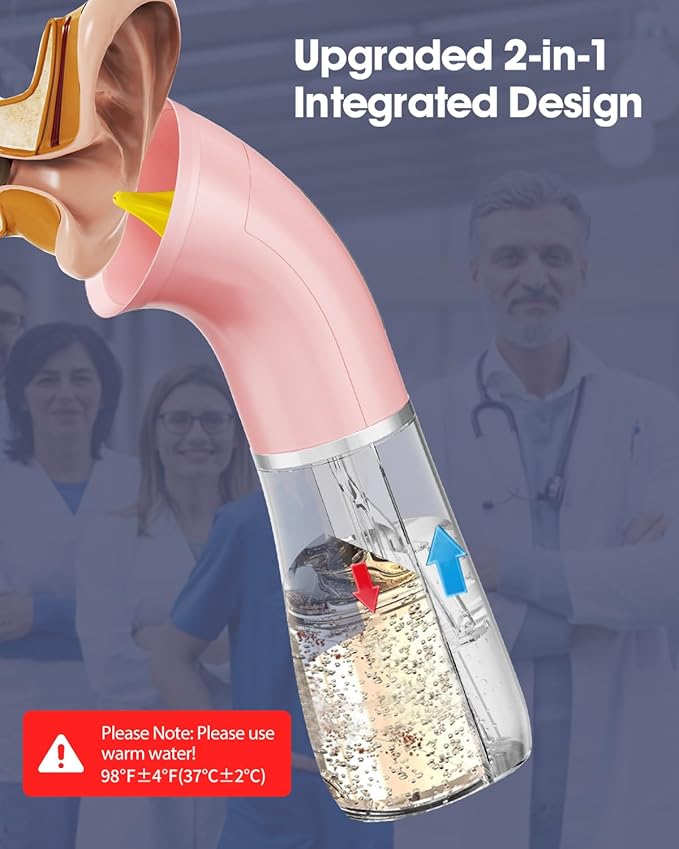 Upgraded Ear Wax Removal Kit, One Piece Waste Tank - Ear Irrigation Flushing System with 4 Modes & 8 Nozzles - IPX7, Safe and Effective Electric Ear Cleaner for Family Use, Type-C (Pink)