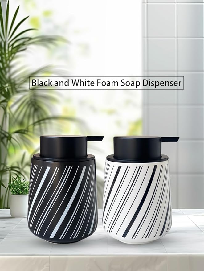 Chic Soap Dispenser Bathroom Ceramic Hand Foam Soap Dispenser for Bathroom Deco 12ounce Refillable Liquid Dispenser for Kitchen (Black)