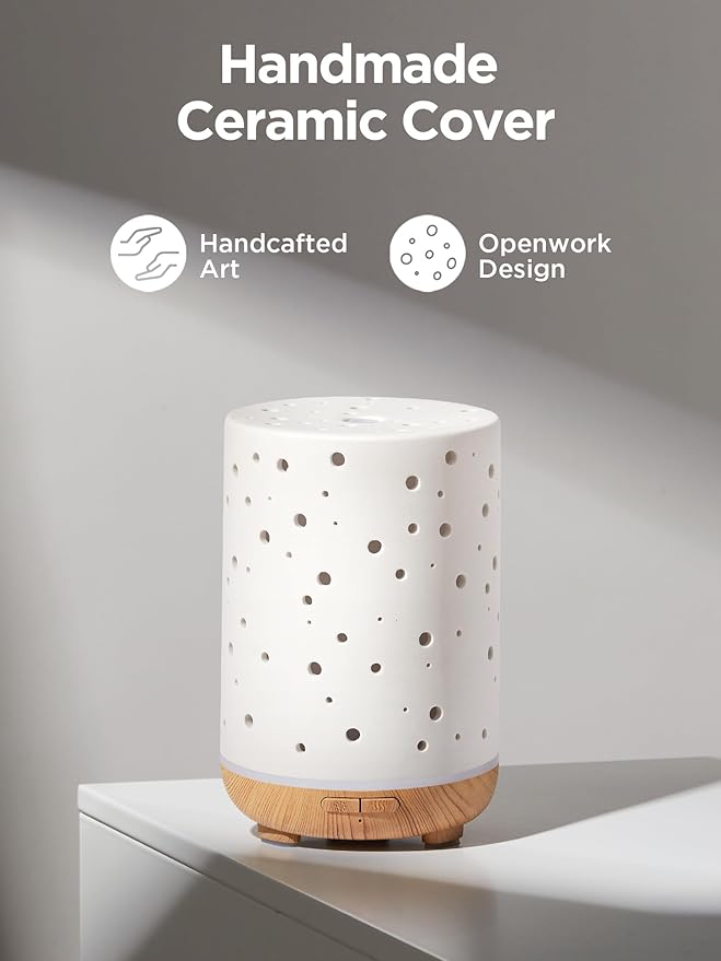 InnoGear Essential Oil Diffuser, 150ml Ceramic Ultrasonic Air Humidifier Cool Mist Aromatherapy Diffuser with 2 Mist Modes, Waterless Auto Off for Home Office, White