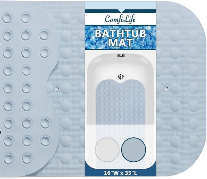 ComfiLife Bath Mat for Bathroom Tub and Shower – Non Slip Extra Large Bathtub Mat with Drain Holes & Suction Cups – Machine Washable Rubber Mats to Keep Bathtub Clean (Light Blue, Bubble 16" x 35")