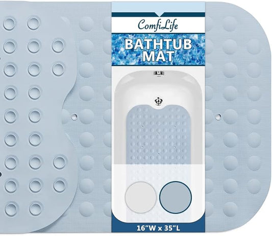 ComfiLife Bath Mat for Bathroom Tub and Shower – Non Slip Extra Large Bathtub Mat with Drain Holes & Suction Cups – Machine Washable Rubber Mats to Keep Bathtub Clean (Light Blue, Bubble 16" x 35")