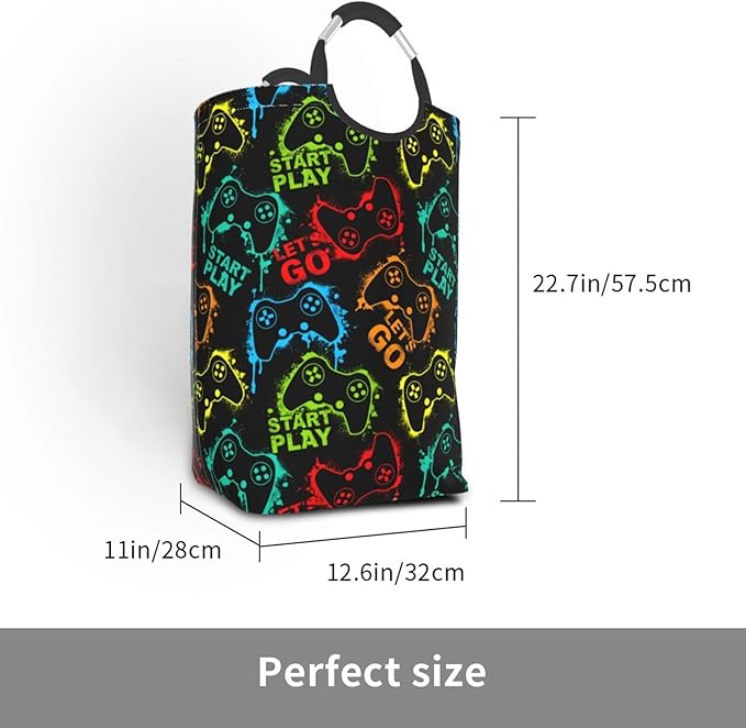 Game Theme Large Laundry Hamper Bag With Waterproof Liner - Gaming Joystick Silhouettes Laundry Basket Foldable Clothes Storage Organizer For Bathroom Bedroom Nursery Dorm