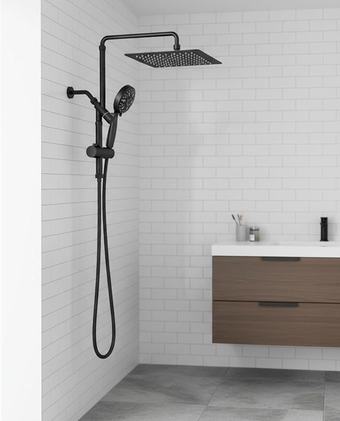12 Inch Rain Shower Head with 8-Setting Handheld Spray Combo,Black Shower heads with Height Adjustable Shower Arm, Slide Bar with Holder, Stainless Steel Hose