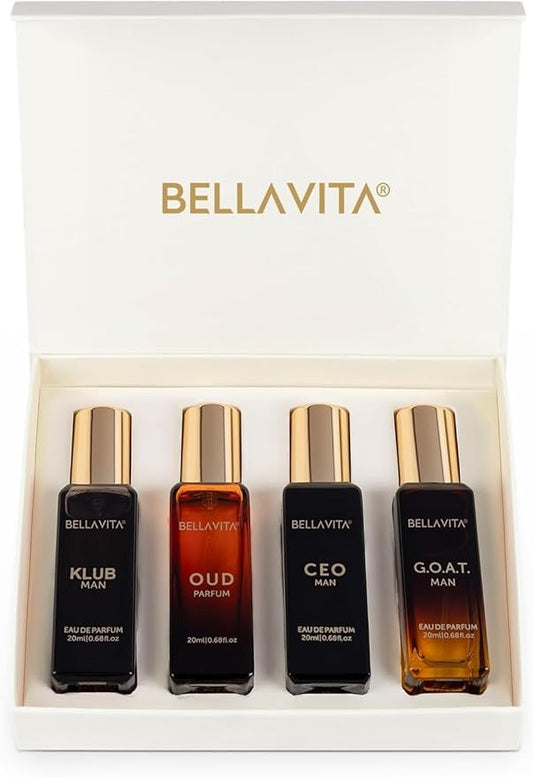 Bella Vita Luxury Long Lasting Perfume Gift Set for Man | 4x20ml | Gifts for Men | Woody, Citrusy, Oud, Premium Fragrance Scent | KLUB, OUD, CEO, G.O.A.T