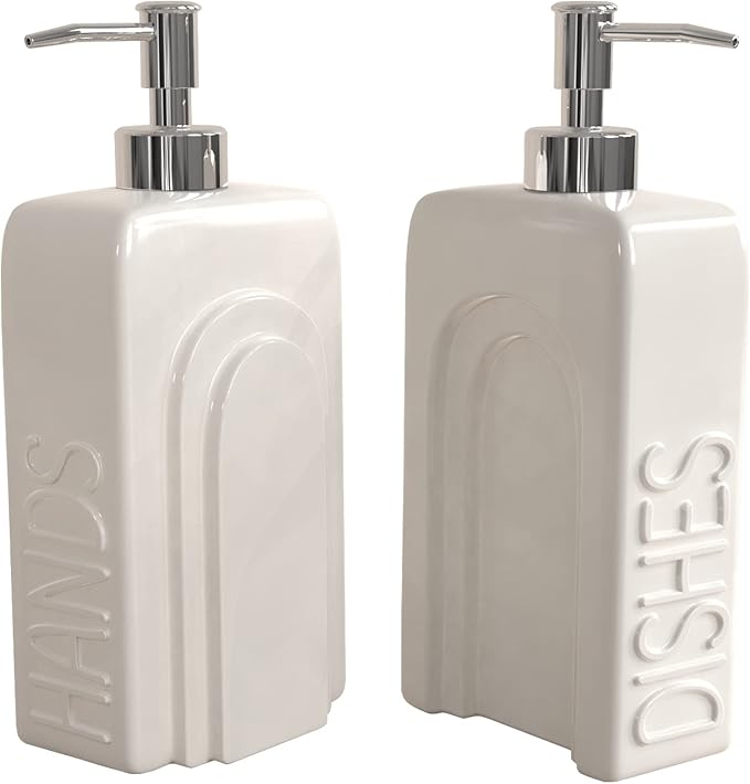 Soap Dispenser Set with Stainless Steel Pump, 2 Pack Ceramic Refillable Dish Soap and Hand Soap Dispenser for Kitchen, Bathroom, Matte White