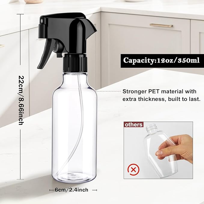 Plastic Spray Bottles 12oz Mist Spraying Bottle Continuous Mister Spray Bottle Heavy Duty Empty Water Spray Bottles for Hair, Cleaning Solutions, Plants，Essential Oils 2 Pack (Clear-2pcs)
