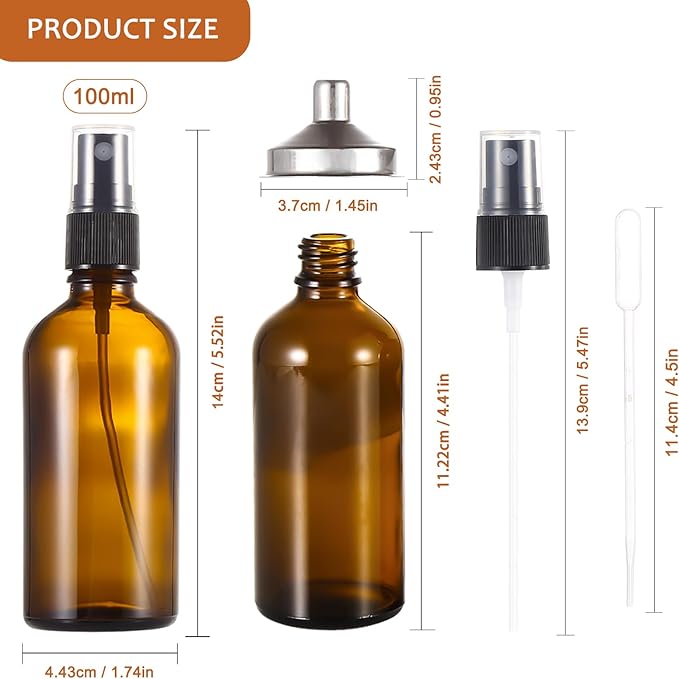 3.4 oz Amber Glass Spray Bottles,Empty Fine Mist Refillable Travel Spray Bottle for Cleaning,Perfume,Aromatherapy,Cosmetic Sprays,Hair,Essential Oils with Fine Mist Dispenser（6 Pack）
