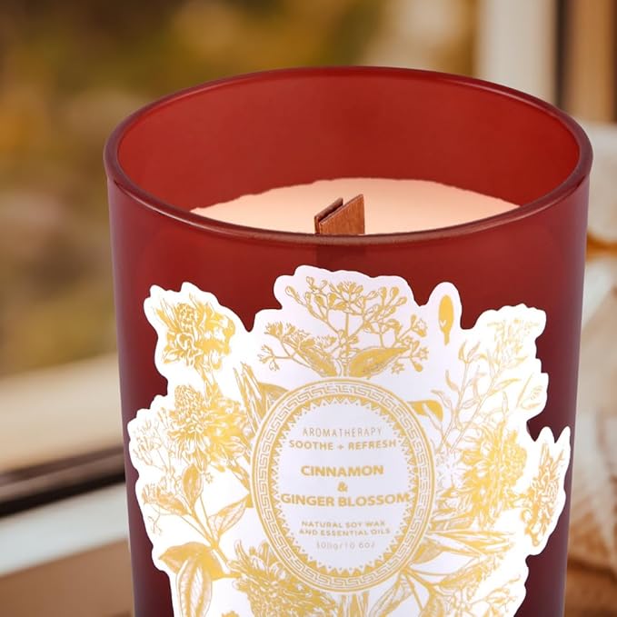 Cinnamon & Ginger Blossom Scented Candle - Large Wood Wick Soy Candle, 10.6 oz - Warm Fall & Autumn Aromatherapy Candle for Home - Long-Lasting, Clean Burn
