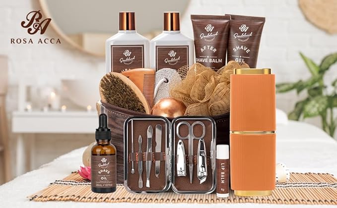 Bath Gift Set & Beard Kit with Leather Bag, 21pcs Sandalwood Bergamot Home Spa Kit, Relaxing Men's Body Wash Gift Basket & More for Christmas, Birthday, Father's Day Gift, Dad, Boyfirend, Husband