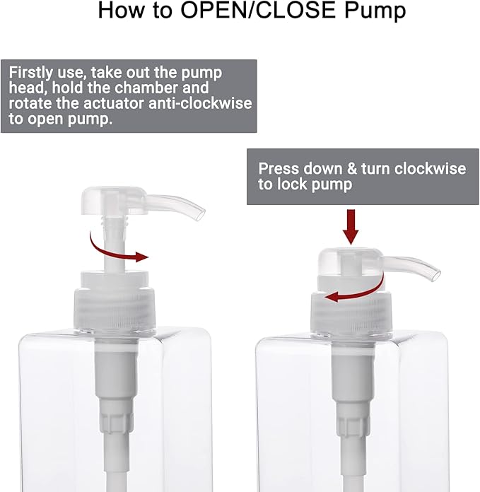 SUREAM Clear Empty Pump Bottles 6 Pack, 15oz/450ml Plastic Refillable Square Containers for Essential Oil Soap Lotion Shampoo Conditioner, Large Hand Pump Dispensers for Bathroom and Kitchen Sink Use