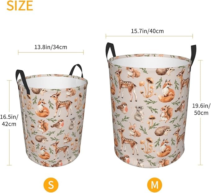 Forest Little Animal Laundry Hamper Bag, Deer Squirrel Hedgehog Fox Round Laundry Basket Foldable Clothes Storage Organizer For Bathroom Bedroom Nursery Dorm, M-19.6"X 15.7"