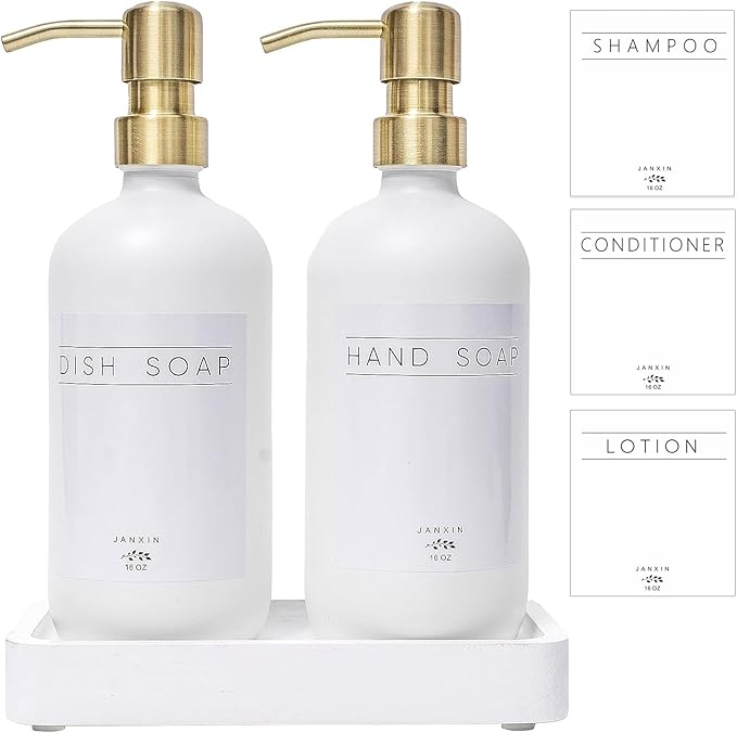 Glass Soap Dispenser for Kitchen with Stainless Steel Pump and Wood Tray, Modern Bathroom Dispenser with Waterproof Labels for Hand, Dish Soap, Lotion(White Bottles+Gold Pumps)