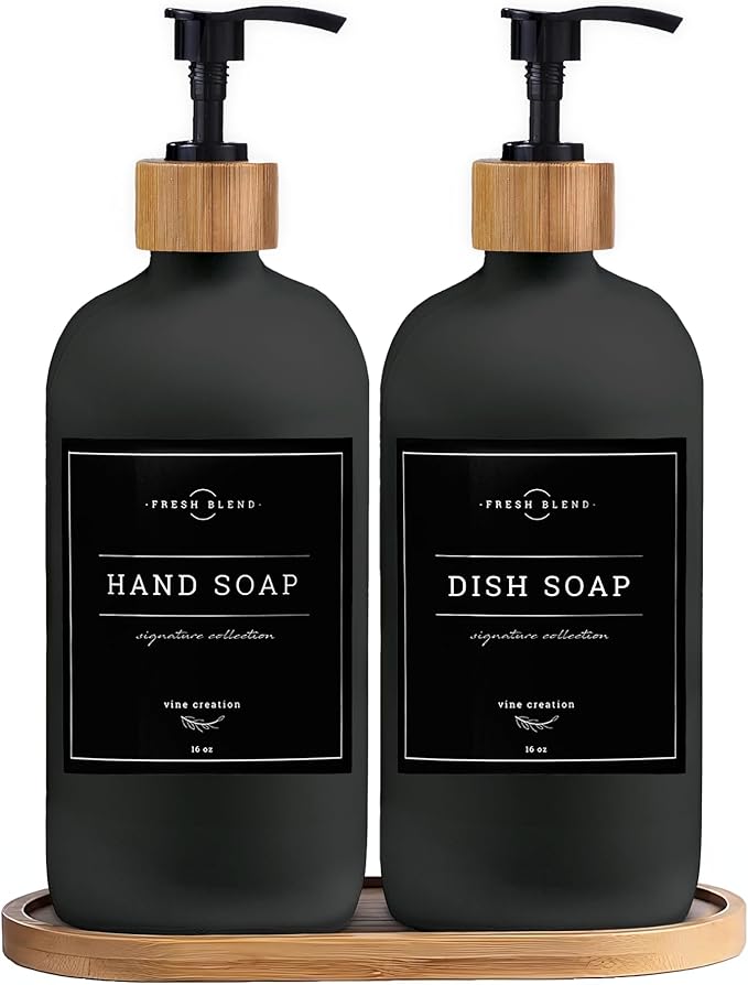 Vine Creations Glass Soap Dispenser Set - Kitchen Soap Dispenser Set with Tray - Bamboo Dish Soap and Hand Soap Dispensers Set for Bathroom - Black Kitchen Decor with Waterproof Labels