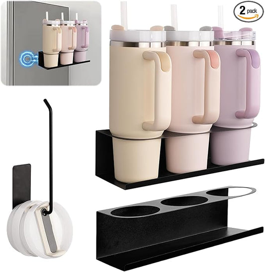 2 Pack Strong Magnetic Cup Holder for Refrigerator, Metal Tumbler Water Bottle Organizer with Lid Holder for 30/40 OZ Stanley Cup, Flexible Tumbler Racks for Kitchen Cabinet Metal Surface