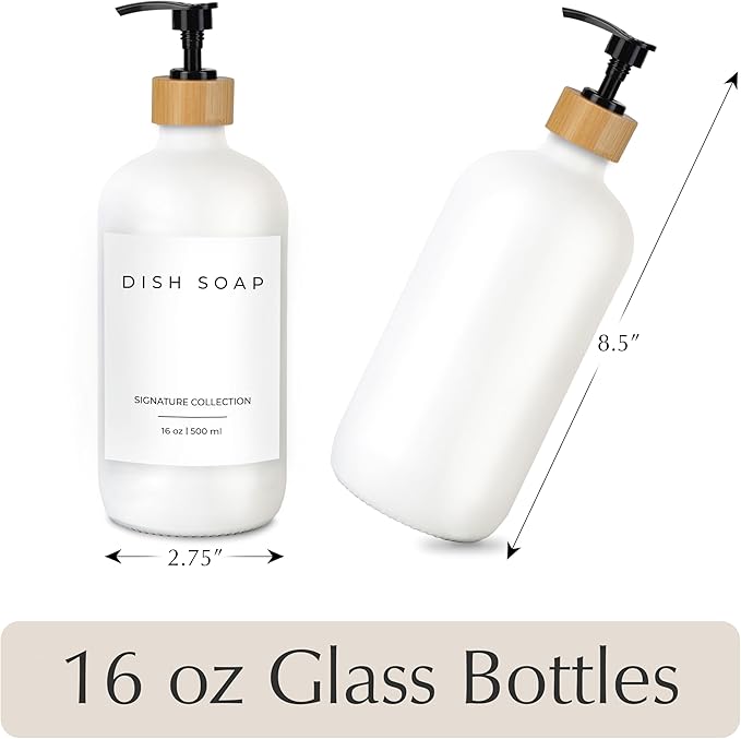 Emerson Glass Soap Dispenser Set - 16 Oz, 2-Pack with Pump and Labels for Kitchen and Bathroom
