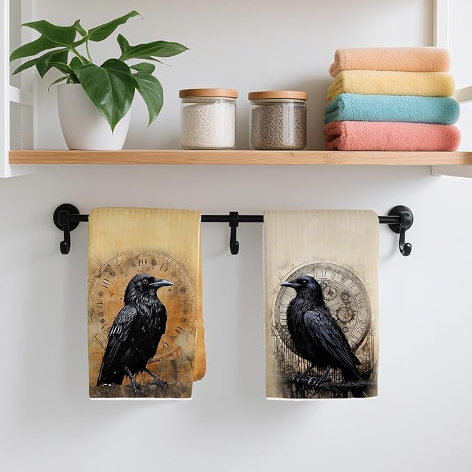 2 Pcs Gothic Raven Kitchen Towels, Vintage Clock Decorative Absorbent Microfiber Dish Cloth Tea Towel, Artistic Waffle Soft Hand Towels for Farmhouse Home Bathroom Kitchen