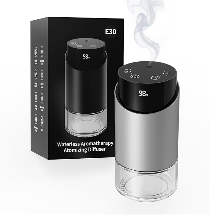 Waterless Essential Oil Diffuser Aromatherapy Scent Diffusers for Home Large Room, Car, Office, Desk, Mini Battery Operated Cordless Air Freshener, 4 Timers & 3 Mist Levels, 100ml Capacity (Silver)