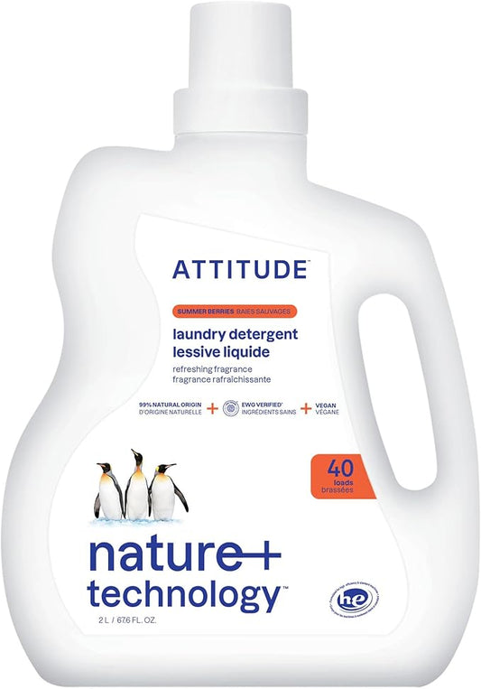 ATTITUDE Liquid Laundry Detergent, EWG Verified, HE Compatible, Plant-Based & Vegan, Natural Laundry Soap, Summer Berries Scent, 40 Loads, 67.6 Fl Oz