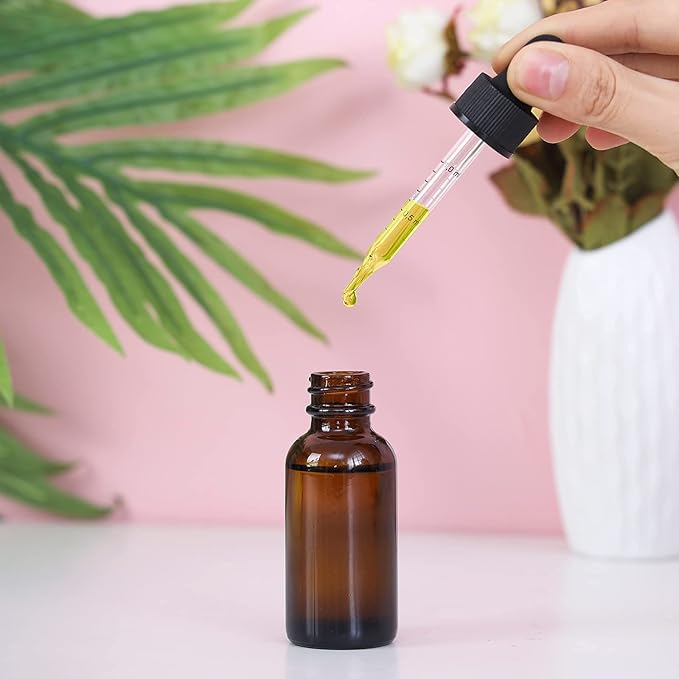 2 oz Dropper Bottle 12 Pack Amber Glass Boston Bottles 30ml with Eye Droppers Black Caps for Essential Oils, Perfume, Leak Proof Travel Bottles for Liquids