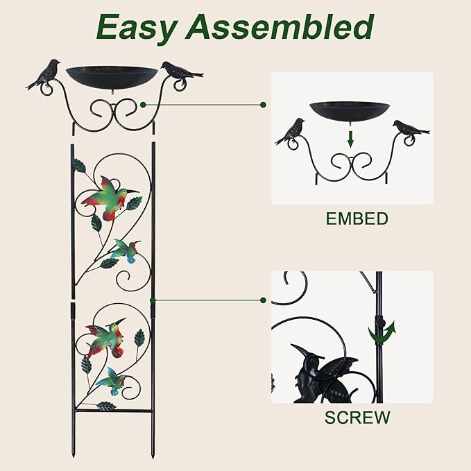 hogardeck 35” Metal Bird Bath with Garden Trellis for Climbing Plants Outdoor, Vintage Detachable Decorative Birdbath Bowl, Metal Plant Support for Climbing Flowers