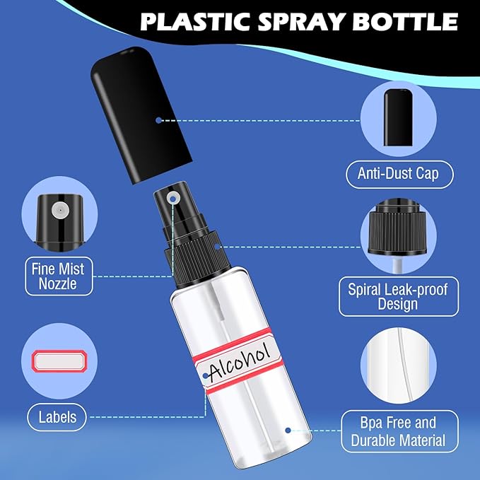 30 Pack 2oz/55ml Plastic Spray Bottles Mini Travel Spray Bottle with Black Cap Empty Fine Mist Spray Bottles Refillable Liquid Container for Perfumes Travel Makeup