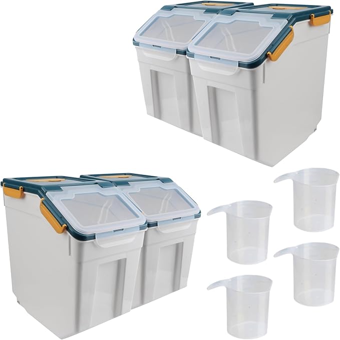 4 Pack Grain Food Storage Container, 20LB Airtight Rice Bin Storage Bucket with Spoon and Measuring Cup, Large Flour Dispenser Container Set 80LB Total Capacity