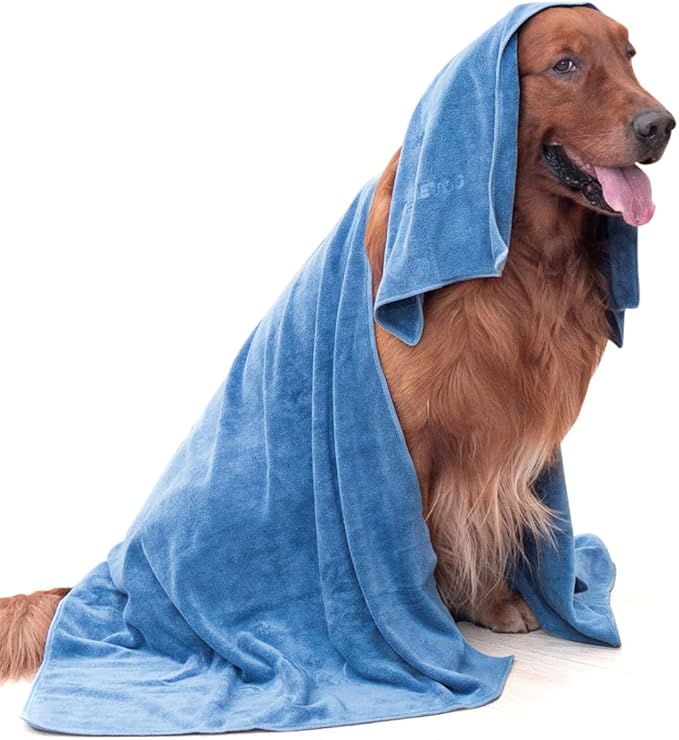 2-PCS Fast Drying Dog Towels - 56 x 28 Inch Ultra Soft & Absorbent Large Dog Towel with 30 x 14 Inch Daily Use Paw Towel - 100% Microfiber Pet Bath Grooming Towels for Dogs Cats, Blue