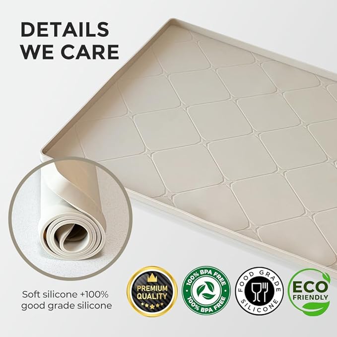 19" × 22" Under Sink Mats for Kitchen - Waterproof Under-Sink Organizers Sink Mat Protectors, Flexible Silicone Drip Tray Pet Food Mats Kitchen Bathroom Drawer Shelf and Cabinet Liner, Beige