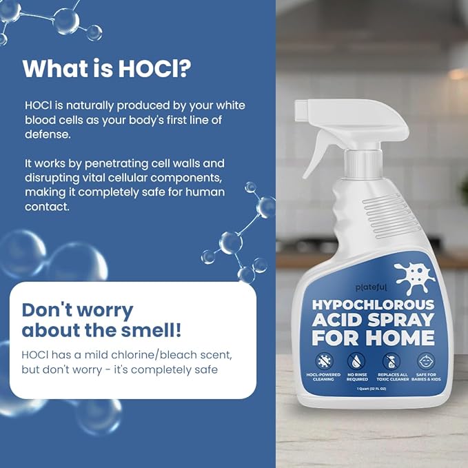 Plateful Hypochlorous Acid Spray for Home (1 Quart) – HOCl Multi-Surface Cleaning Spray, Everyday Household Cleaner, Gentle Formula, Residue-Free, Made in the USA