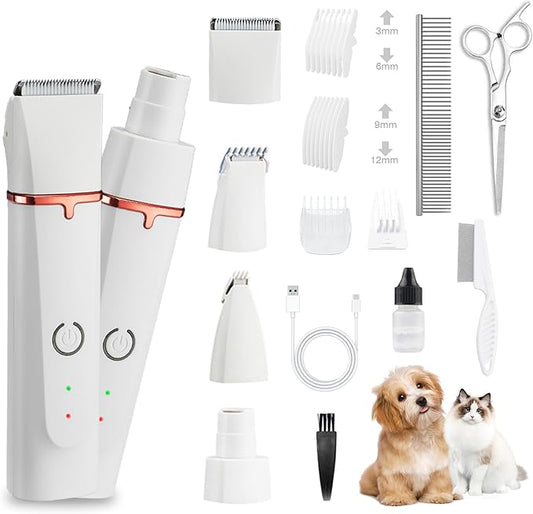 4-in-1 Dog Grooming Clippers Kit-Quiet Dog Nail Grinder & Paw Trimmer,USB-C Rechargeable Cordless Low Noise IPX4 Waterproof Pet Clippers for Small Dogs & Cats,6 Guide Combs