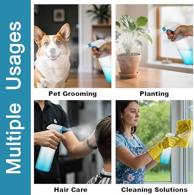 Plastic Spray Bottles 12oz 2 Pack Adjustable Mist/Stream Spraying Heavy Duty Square Water Spray Bottles for Hair, Cleaning Solutions, Plants, Essential Oils (Blue)